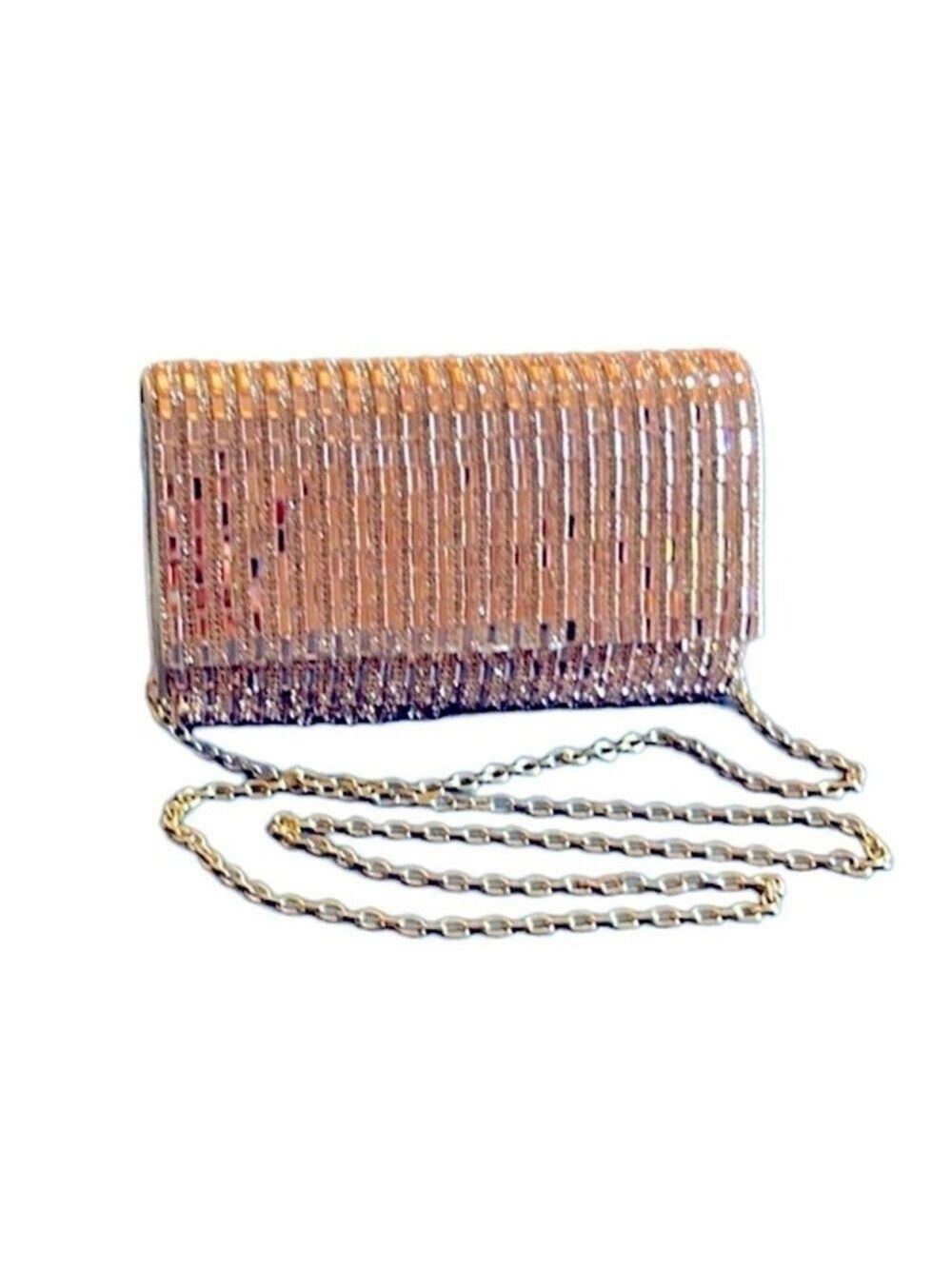 INS Rose Gold Pink Mirrored Sparkle Evening Bag Clutch Gold Tone Crossbody Chain